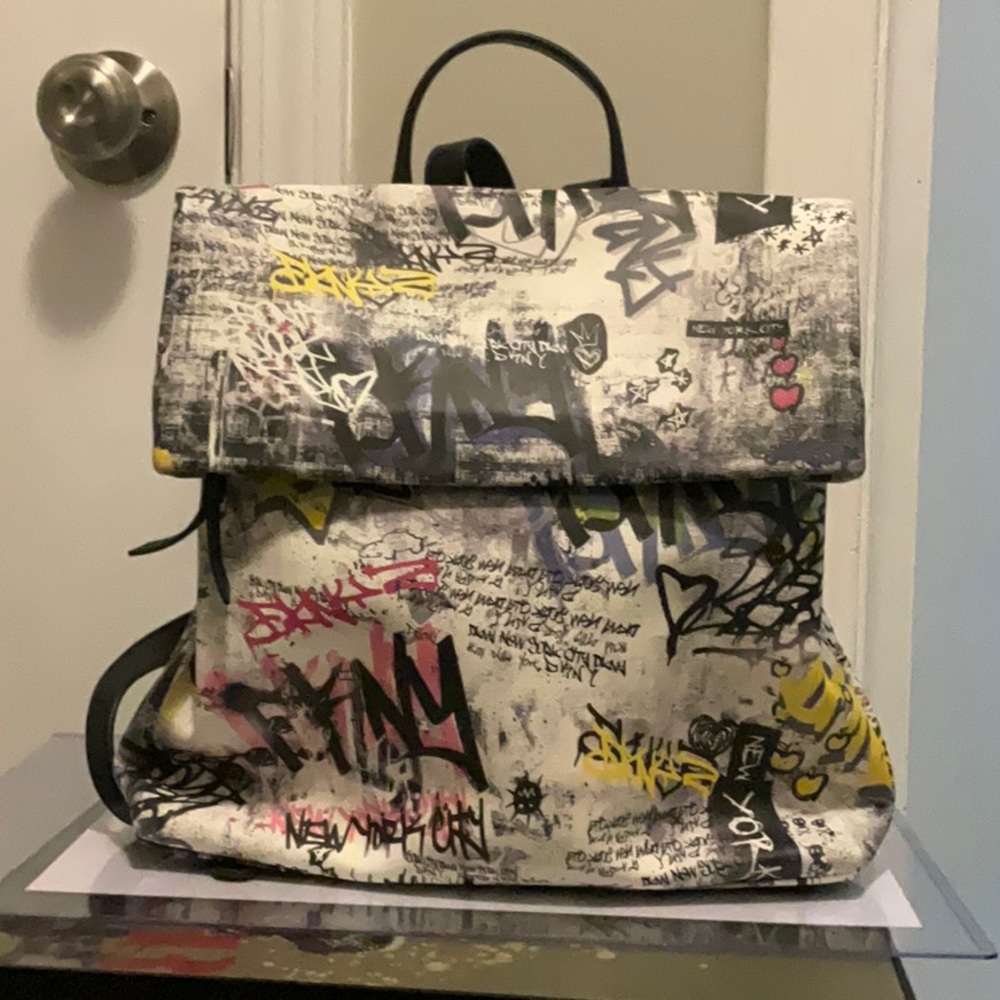 Dkny Tilly Graffiti Fold Over Backpack Tote Purse